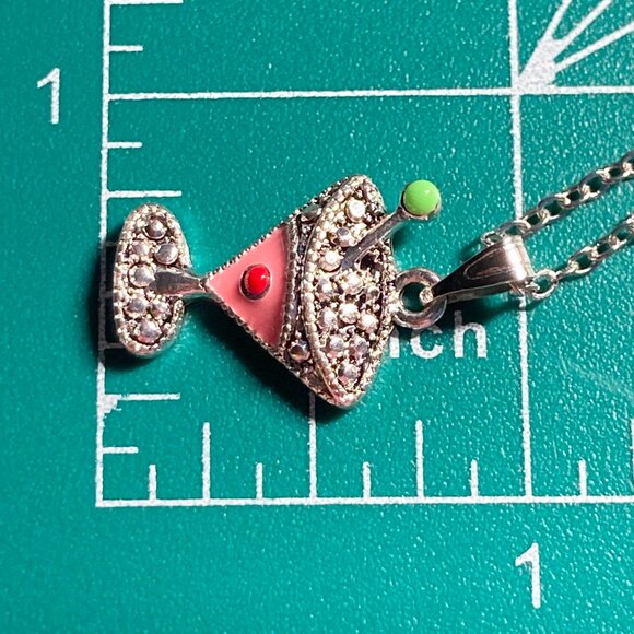 Martini Cocktail Drink Cup Glass Charm Necklace Pendant Pink Enamel 18" Chain - Picture 9 of 9